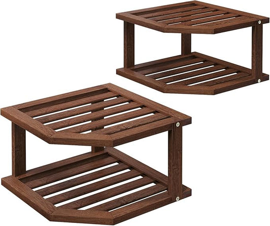 VERTORGAN Bamboo Corner Shelf(2 Pack),2 Tier Plate Organizer for Cabinet and Countertop,Pantry Dish and Spice Rack for Kitchen（Brown）