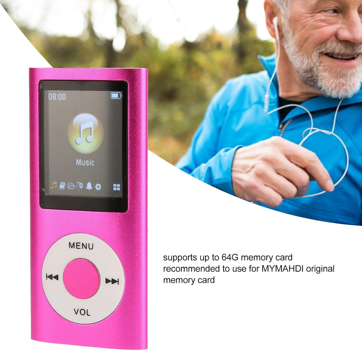 SUNGOOYUE MP3 64GB, 1.8 inch Player Support Memory Card Up to Mini Portable Lossless Sound HD Screen Music Player