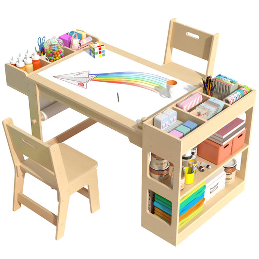 Kids Art Table and Chair Set, Kids Craft Table with Storage, Toddler Activity Play Desk with 2 Chairs, Wood Art Craft Play Desk with Paper Roller for Writing, Drawing, Learning and Reading
