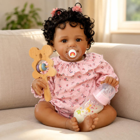 SCOM Black Reborn Baby Doll - 18 Inch Realistic African American Girl, Looking Real Lifelike Baby with Soft Cloth, Newborn Weighted Brown Hispanic Doll with Full Vinyl Body for 3 4 5 6 + Year Old Gift