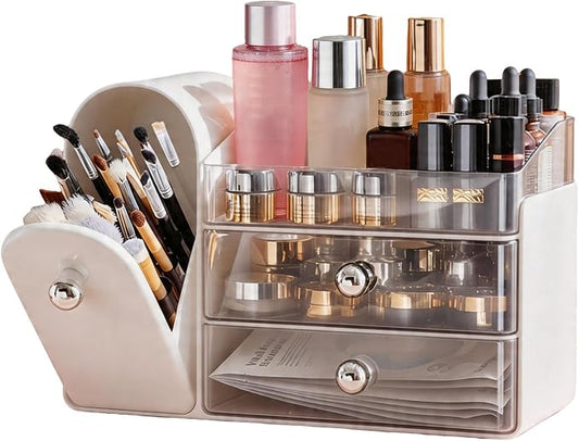 Makeup Organizer with Makeup Brush Holder, Cosmetic Organizer with 2 Drawer for Lipsticks, Perfumes, Eyeshadow Palettes and Nail Polishes (White)