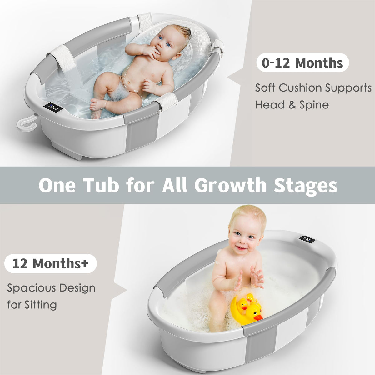 Himold Collapsible Baby Bathtub for Newborn to Toddler 0-36 Months, Spacious Foldable Infant Bath Tub with Thermometer, Cushion & Drain Hole, Portable Travel Tub Grey
