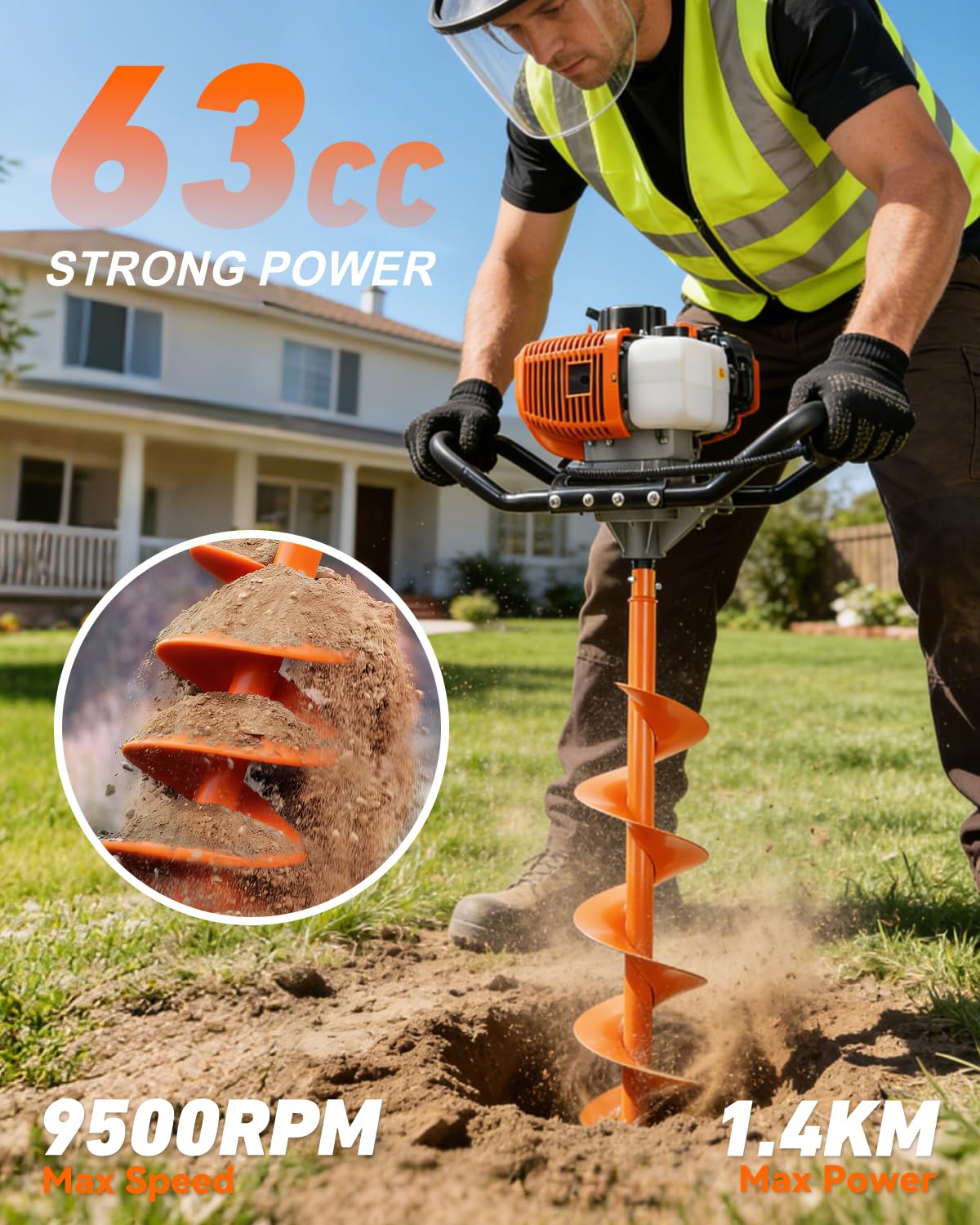 NEO-TEC 63CC Post Hole Digger Auger Drill Gas Powered 2-Stroke & 6" 10" Drill Bits + 3 Extension Bar, Earth Auger Petrol Drill Borer for Garden Lawn for Planting