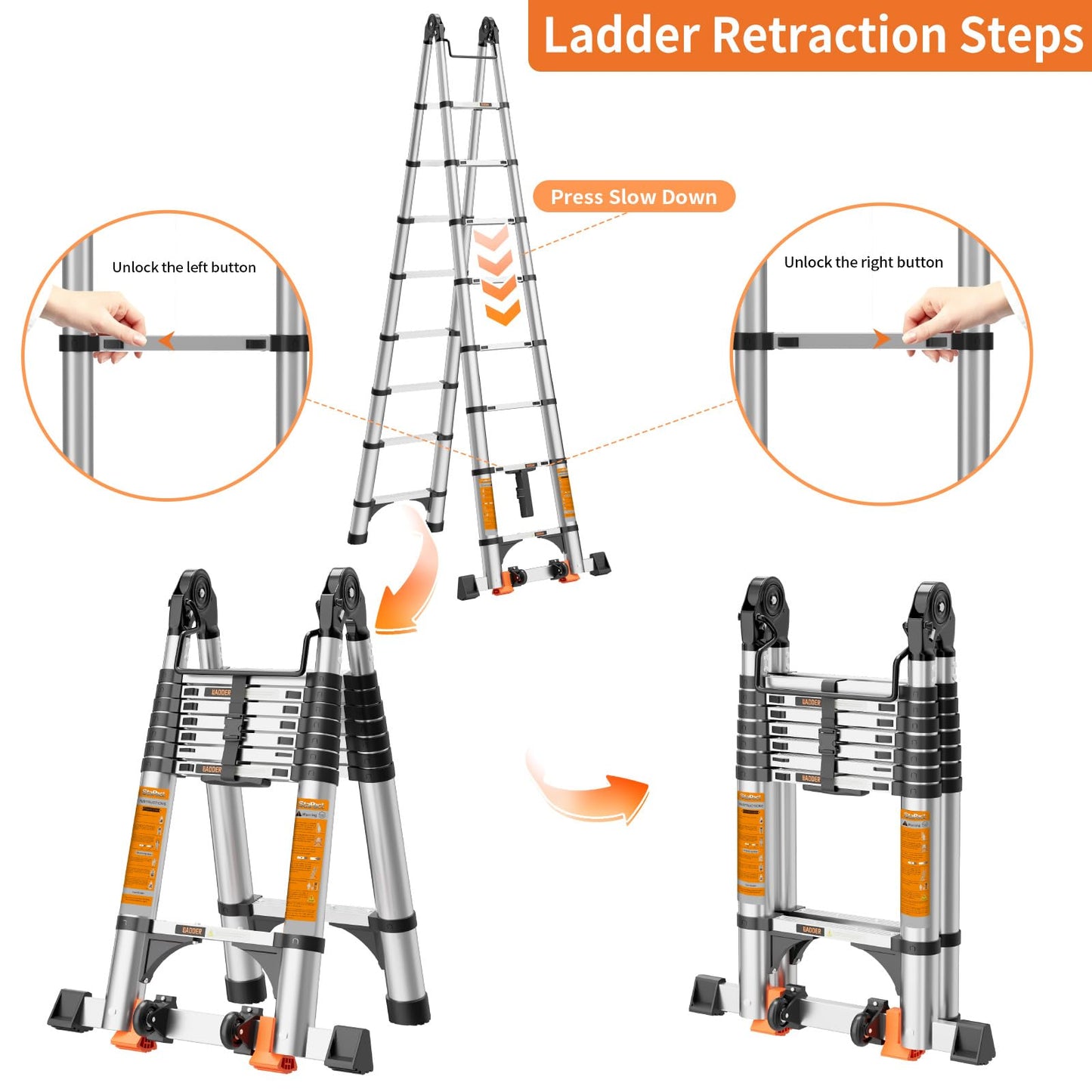 Telescoping Ladder A Frame,Telescopic Ladder for Home, Roof, RV，12.5 Ft Aluminum Extension Ladder with Balance Bar,Wheels and 2 Triangle Stabilizers，330 lb Capacity (12.5FT-A Frame)