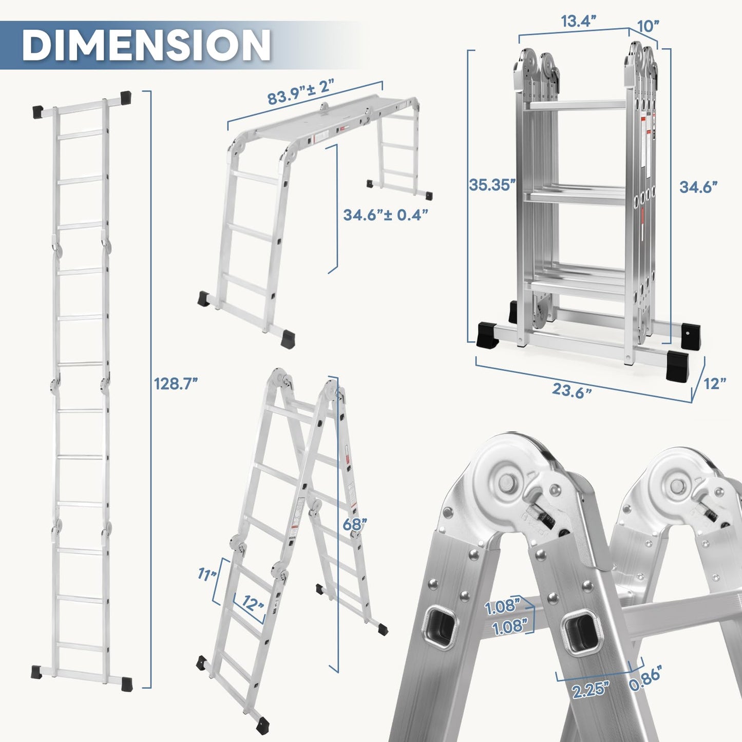 NEWBULIG 7-in-1 Multi-Purpose Adjustable Folding Ladder, Aluminum Heavy Duty Collapsible Tall Extension Step Ladder for Home Roof RV Work Garage & Outdoor Use