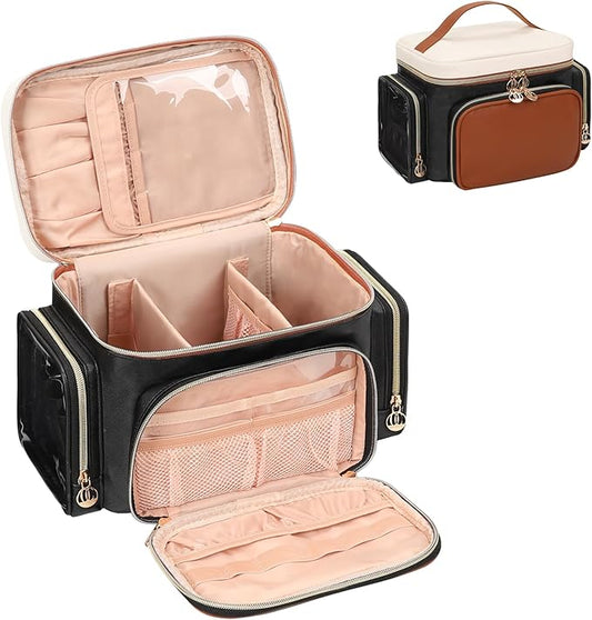 Bagmoly Large Makeup Bag, Portable Travel Makeup Bag Organizer for Women Girls with Makeup Brush Compartment & Two Side Pockets, Cosmetic Travel Bag Vertical Storage Toiletry Bag- Brown
