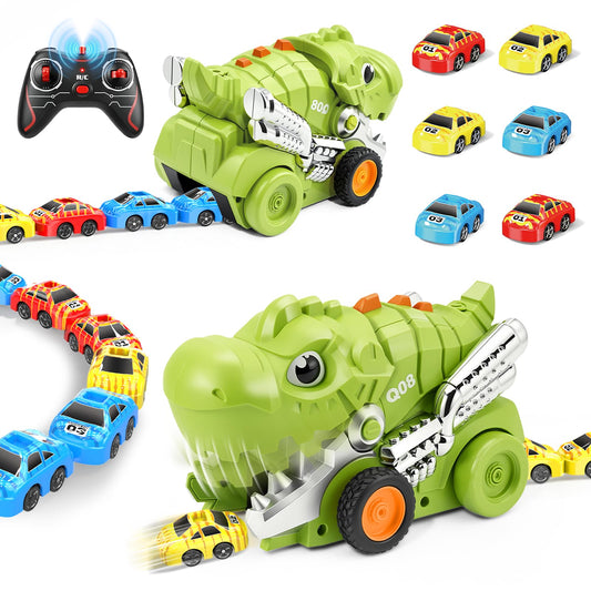 Intoypad Dinosaur Remote Control Car Toys for Kids, 2.4GHz RC Dino Eating Car Toy with 6 Magnetic Cars & Music Dino Truck Birthday Gifts Toys for 3 4 5 6 7 8 9 10 11 12 Year Old Boys Girls (Green)