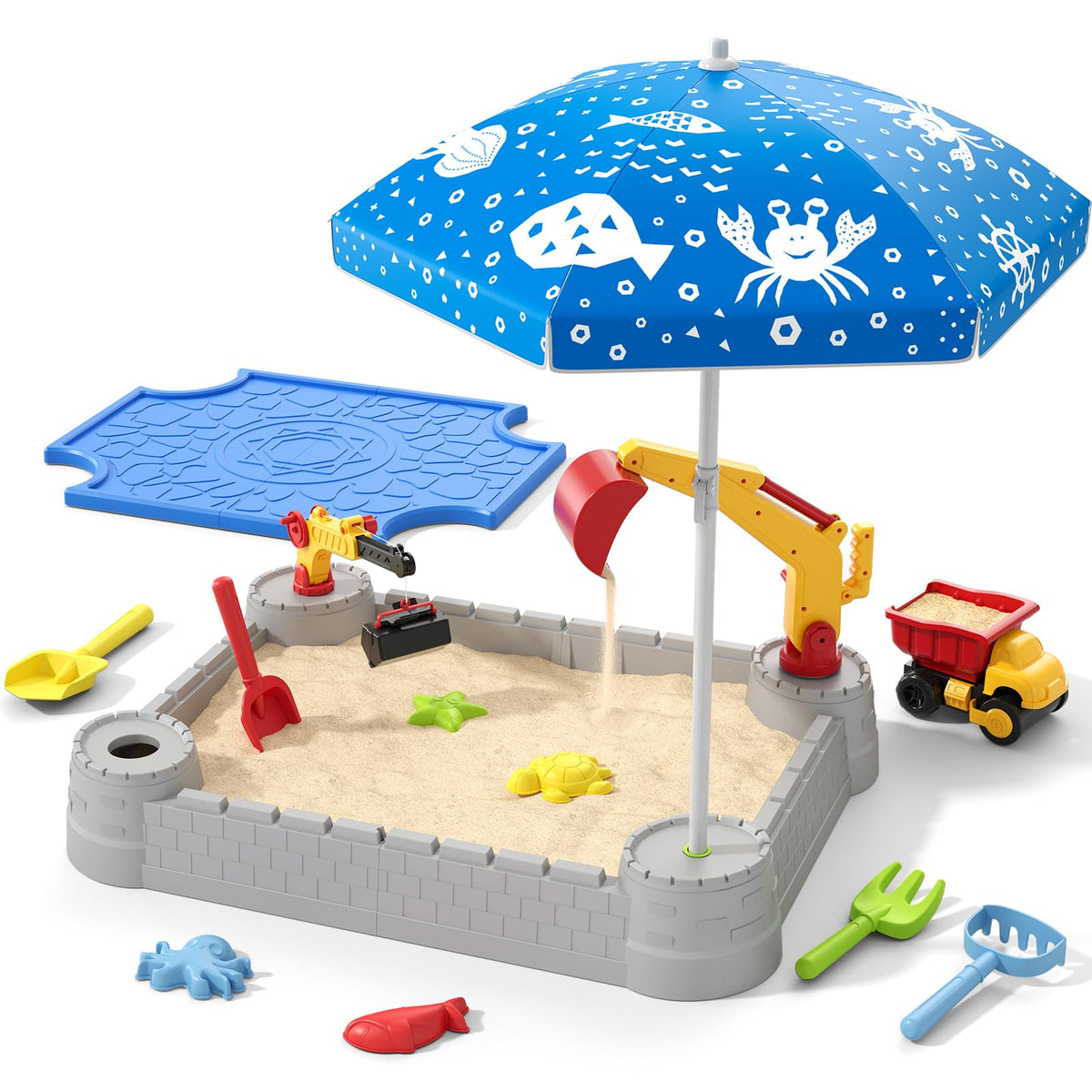 HYES Sandbox with Lid, Digger Excavator Plastic Sand Box with Cover, Play Sand Pit with Construction Toys/Umbrella/Beach Playset for Toddlers 1-3, Indoor Outdoor Sensory Gift for Kids Ages 4-8