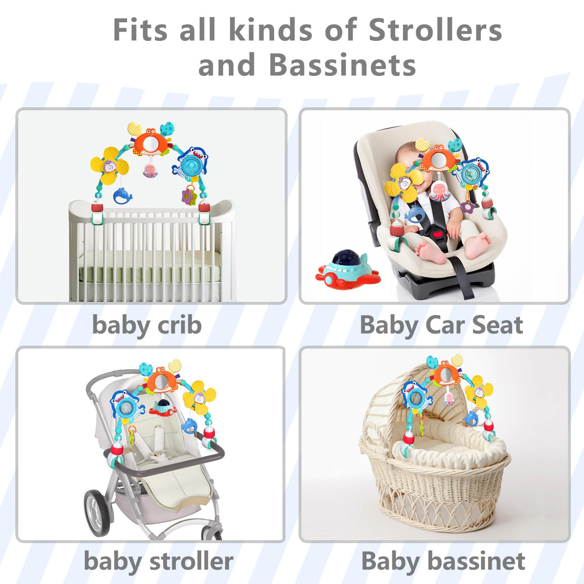 qesfir Musical Baby Stroller Arch, Travel Car Seat Toys, Baby Play Arch Crib Accessory, Mobile for Bassinet, Pram Activity Arch Bar for Babies Infants