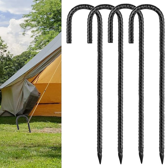 Black Rebar Stakes 16inx10mm Galvanized J Hook 4pcs – Heavy Duty Ground Tent Stakes for Fence,Bounce House,Outdoor Plants,Artificial Turf,Dog Coop,Metal Stakes for Christmas Decorations