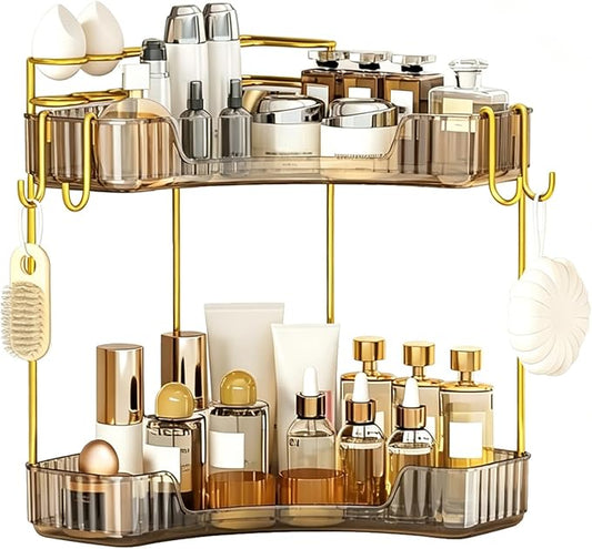 2-Tier Corner Bathroom Counter Organizer，Makeup & Skincare Shelf with Built-in Brush Holder，Space-Saving Bathroom Countertop Organizer for Skincare, Perfume, Cosmetics(Amber)