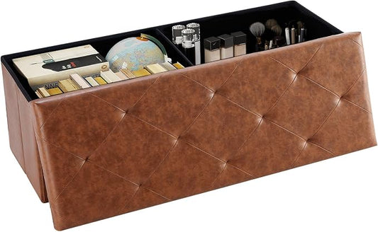 DUMOS Foldable Storage Ottoman Bench 43in, Foot Rest Stool, Synthetic Leather Storage Chest with Thicker Foam Padded Seat for Entryway Living Room, Modern Brown