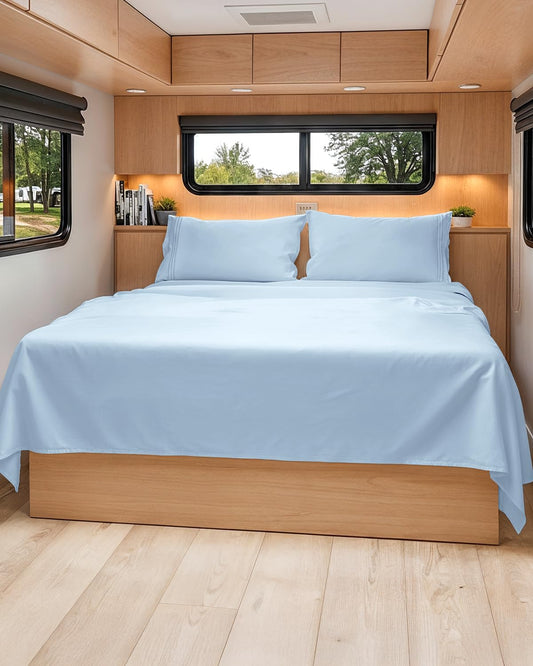 Skiennix Short Queen Size 4-Piece Sheet Set - Soft, Breathable & Cooling Bed Sheets - Deep Pockets - Light Blue