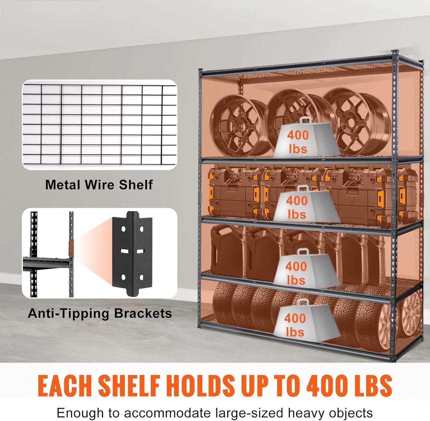Garage Shelving, 5 Tire Storage Shelving Heavy Duty Garage Shelves 3000LBS Load Bearing, Full Metal Shelving Units, Durable Construction, Adjustable Shelves, Easy Assembly, 60''W x 24''D x 78''H