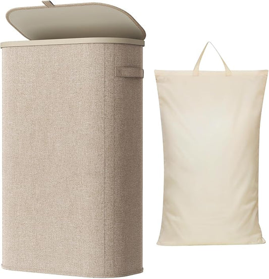 Lifewit Slim Laundry Basket with Lid, Narrow Laundry Hamper with Plastic Handles and Removable Bag, Tall Foldable Dirty Clothes Hampers for Laundry Room, Bedroom, Bathroom, Dorm, 65L Beige