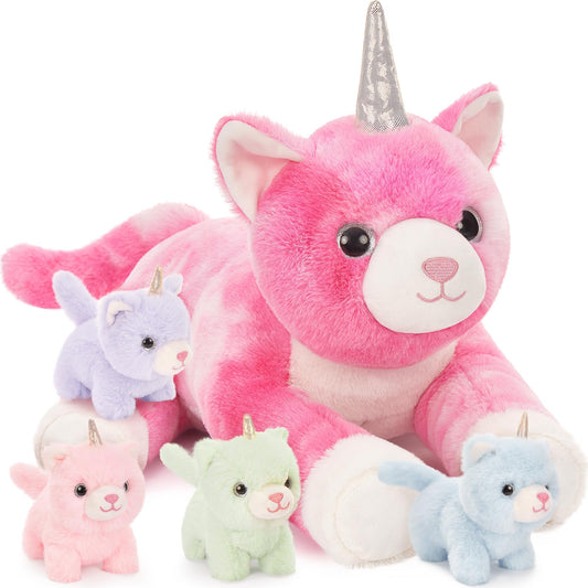 MorisMos Unicorn Cat Stuffed Animal With Kitten Babies, 24'' Caticorns, Rainbow Unicorn Cat Toys for Girl Boy Kids, Mommy Plush Cat With Baby Kitten Stuffed Animals, Kitty Cat Pillow
