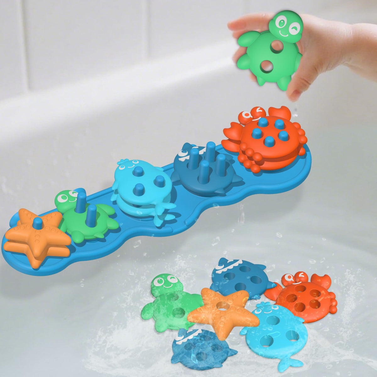 Suction Baby Bath Toys, Mold Free Silcone Shape Sorting & Stacking Bathub Toy, Sensory Toys & Best Gift for Toddlers 3 4 5 Early Learning Bathtub Fun (Ocean Animal)