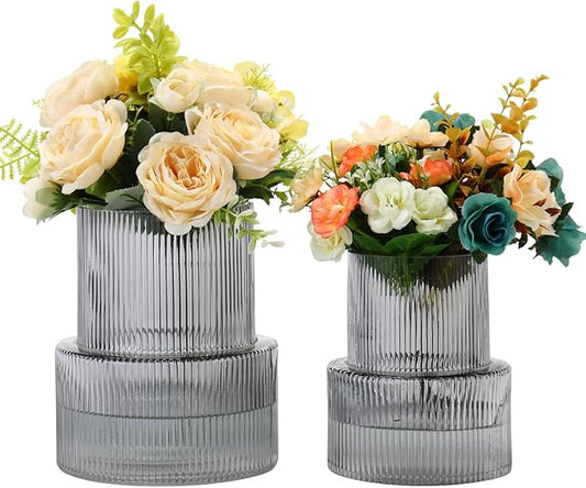 Ribbed Glass Vases for Bouquet, Set of 2 Black Vases for Flowers, Black Glass Vase for Tulips, Modern Vase for Living Room, Office, Coffe Table, Dining Table, Shelf, Wedding