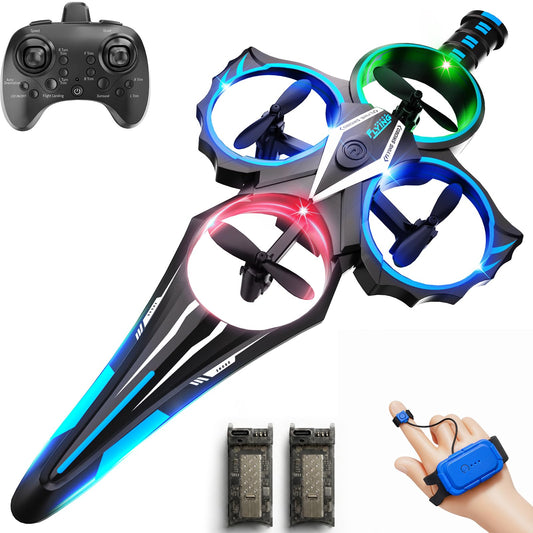 ENJOYFLY Gesture Control Flying Sword RC Plane Toy for Kids 8-12, Hand Controlled and Remote Control Airplane with LED Lights, 360 Flips, 3 Speeds, Easy Takeoff and Landing, 2 Batteries, Blue