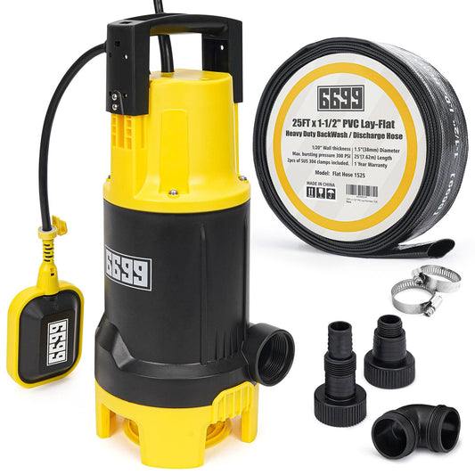 6699 6500GPH Powerful Sump Pump with 1-1/2”Backwash Hose PVC Lay Flat Discharge Hose 1.5HP Sewage Effluent Pump with Float Switch 16FT Power Cord for Flooded House, Sump Pit, Pond Water Removal