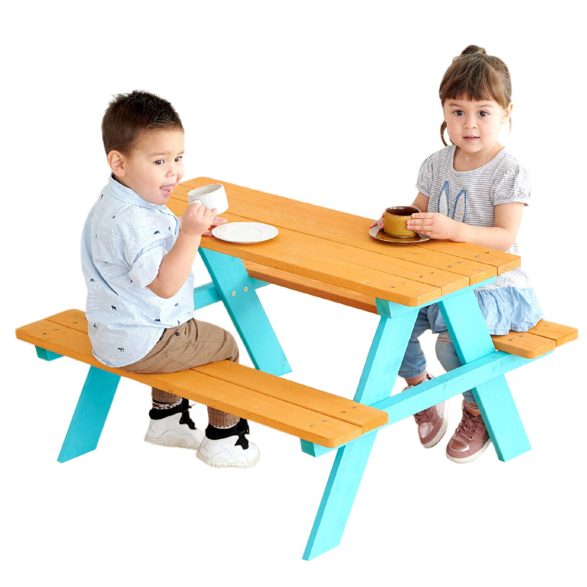 Teamson Kids - Wooden Outdoor Child Children Kids Picnic Table & Chair Bench Set - Brown/Aqua