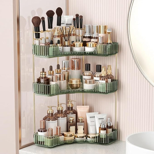 BEFSOP Corner Bathroom Counter Organizer, Upgraded 3-Tier Makeup Organizer Countertop with Makeup Brush Holder, Skincare Exquisite Vanity Organizers Countertop Bathroom Storage Dresser(Green)