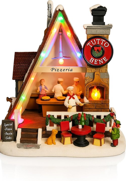 Moments In Time Pizza Shop Scene - Handcrafted LED Musical Pizzeria Holiday Decoration | Battery Operated Tabletop Display