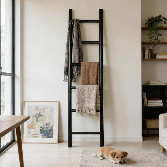 Wooden Blanket Ladder - 76in Natural & Motley Wood - Leaning Wall Decor for Bedroom, Bathroom, Living Room - Rustic Quilt Holder & Towel Rack (Black, 76in | Pre Assembled)