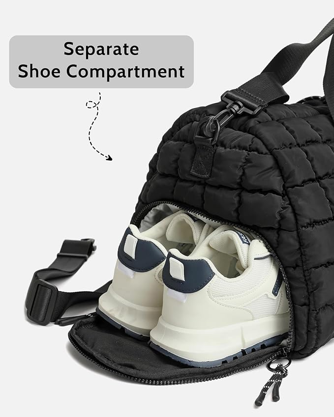FODOKO Quilted Duffel Bag for Women, Puffer Gym Duffle with Shoe Compartment, Lightweight Large Crossbody Sport Bag Travel Tote, Black