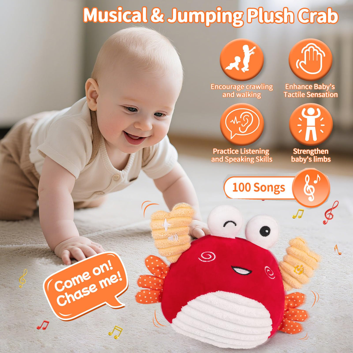 nicknack Baby Toys 0-6 Months – Crawling Dancing Bouncing Musical Learning Plush Crab,Interactive 100+ Songs Toy for 1 2 3 Year Old Boys Girls Sensory Birthday Gifts