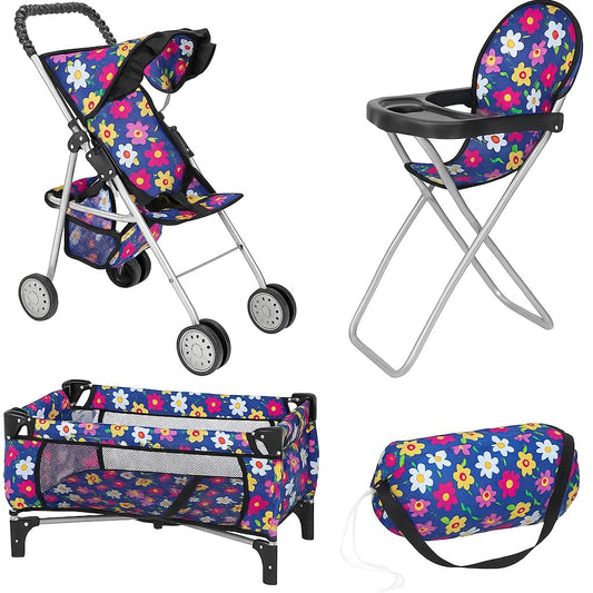 fash n kolor 3 Piece Baby Doll Play Set Flower Design Includes - Foldable Pack N Play, Baby Doll Stroller, Baby Doll High Chair, Fits Up to 18'' Dolls 3 Piece Doll Accessories Set, Best Gift for Girls