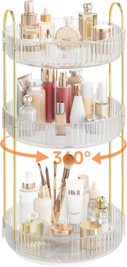 Rotating Makeup Organizer Countertop,Skincare Organizers,Spinning Perfume Tray Stand,Makeup Storage Organizer for Vanity,Bathroom Organizer and Storage,Lazy Susan,3 Tier,Clear
