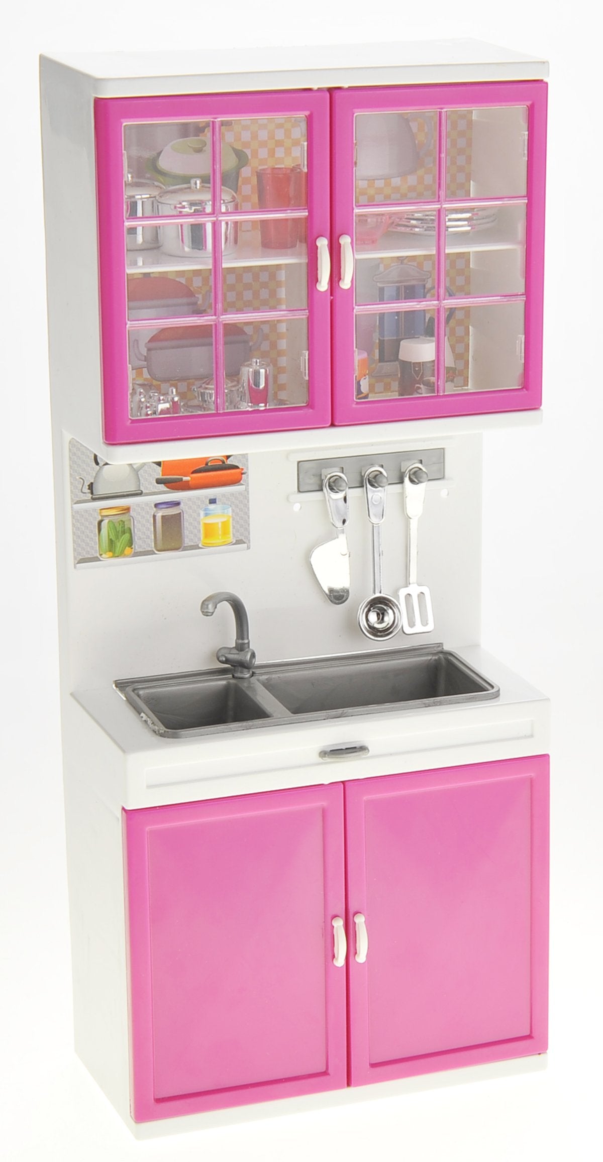 PowerTRC Doll Kitchen Play Set, Mini Modern Toy Kitchen Pretend Play Furnitures Toy Set Accessories Set with Realistic Light & Sound for Kids Toddlers Girls (3-in-1)