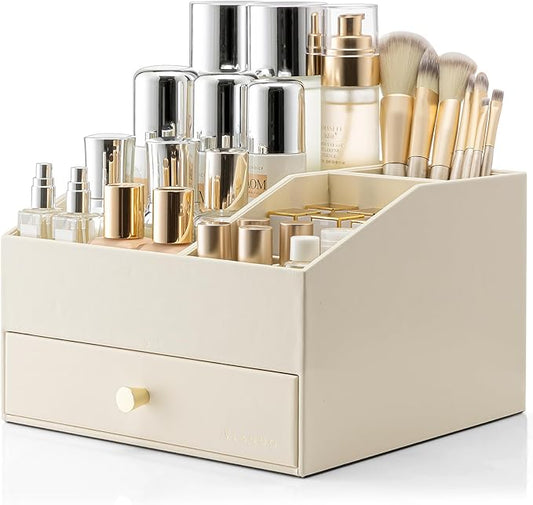 VLANDO Makeup Organzier,Vanity Organizer with Drawers, PU Leather Skincare Organizer Perfume Organizer,Large Cosmetic Display Case for Lipstick,Brushes Gifts for Women-Beige