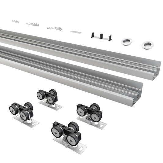 BarnBase 5FT/60(Double 2.5FT) Bypass Door Hardware, Aluminum Double-Closing Sliding Closet Door Hardware with Finger Pull Included, Smoothly and Quietly, Fit Door Thickness 1 3/8" or 1 3/4", Silver