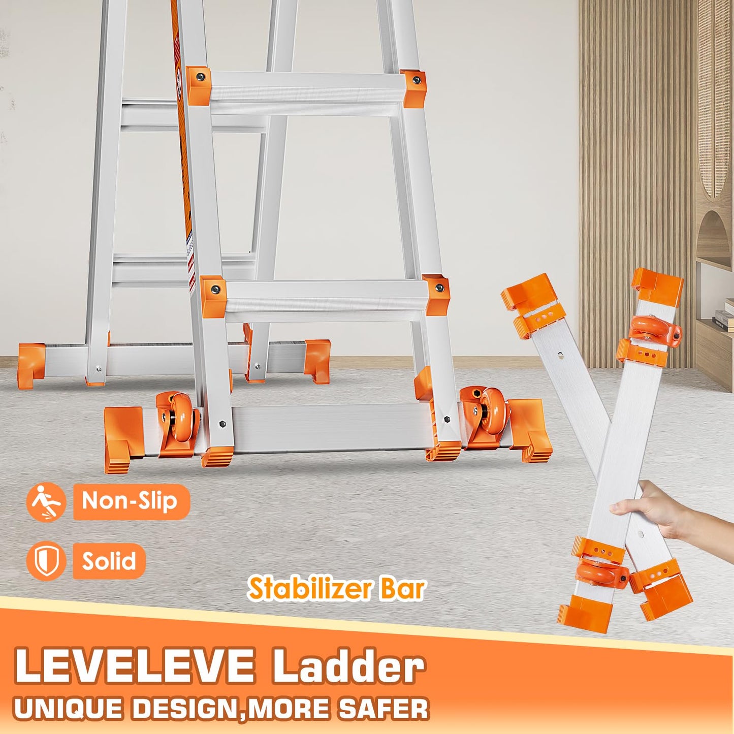 LEVELEVE A Frame 5 Step Ladder, 17FT Extension Ladder with Stabilizer Bar & Wheels,330 lbs Security Load Multi Position Ladder for Stairs Home Indoor Outdoor Roof