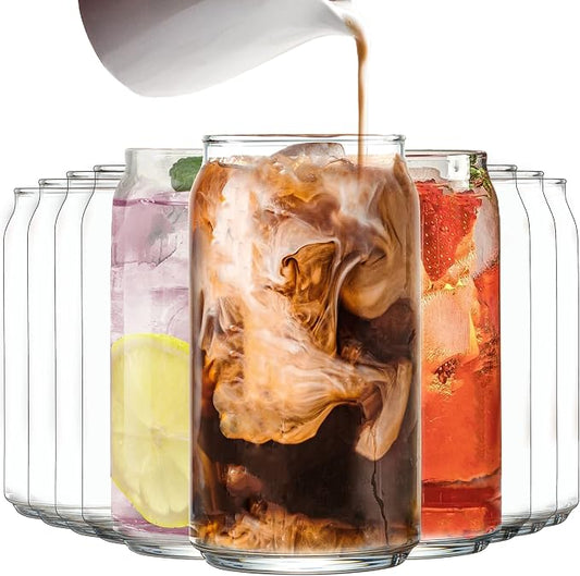 Le'raze Set of 10 Patented Can Shaped® Drinking Glasses - 16oz Clear Irish Glass Cups for Margarita, Cocktails, Iced Coffee, Tea, Soda, Whiskey, Water and Beer.
