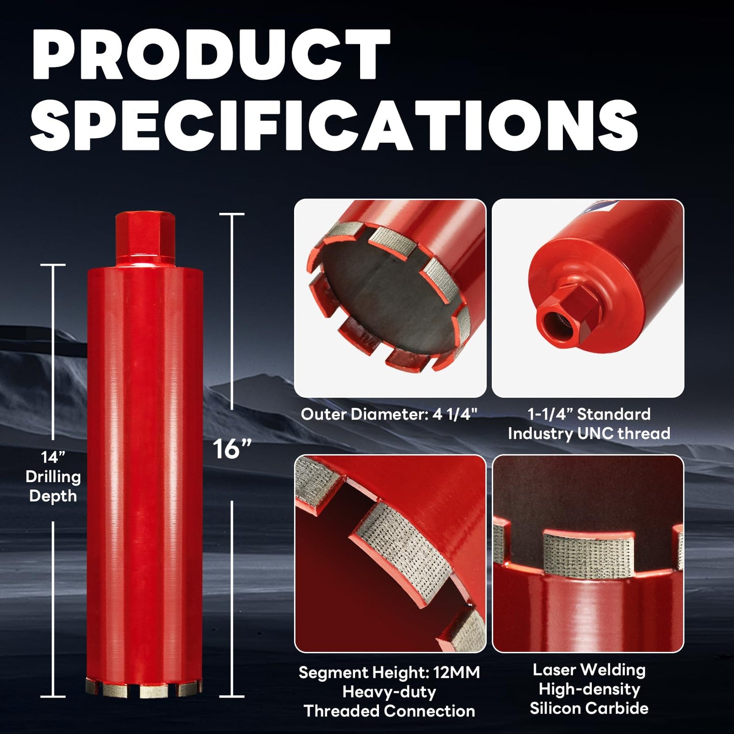 DaduoRi Premium 4-1/4" Wet Core Drill Bit for Hard Concrete with High-Density Diamond, Precision-Welded Segments, 1-1/4"-7 UNC x 14" Depth, Industrial Grade for Concrete Rebar, Brick, Masonry, Pavers