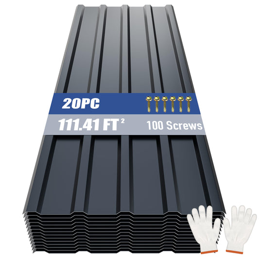 Brakki Metal Roofing Panels 20pcs 111 ft², L45.28"xW17.72" Grey Corrugated Galvanized Steel Roof Panels with Screw, Heavy Duty Metal Siding Suitable for Garages Chicken Coop Sheds Stables Patio