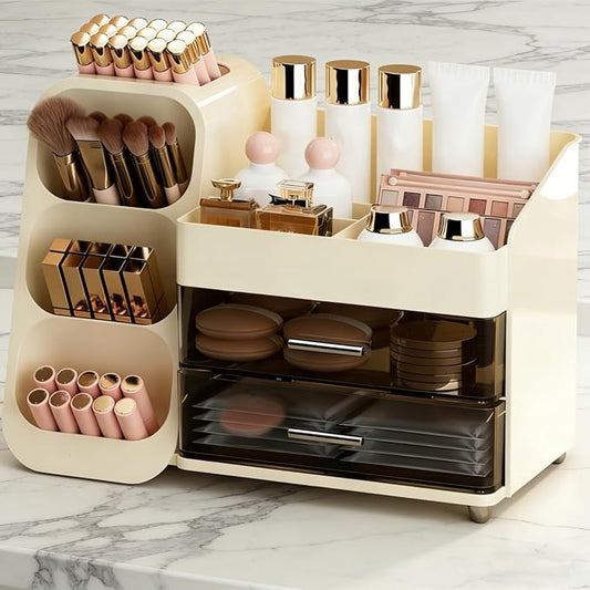 Covzoe Large Makeup Organizer with Brush Holder, Spacious Cosmetics Display Case with Drawers for Vanity, Skin Care Storage Solution for Lipstick Beauty Essential Bathroom Countertop