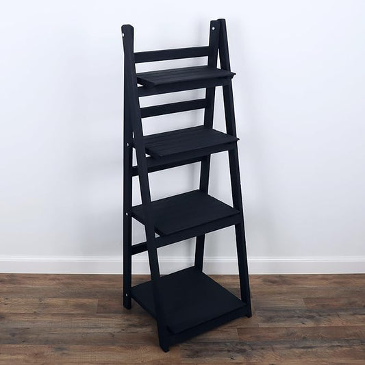 Distressed Ladder Shelf - Rustic Leaning Bookshelf for Home Decor (Navy)