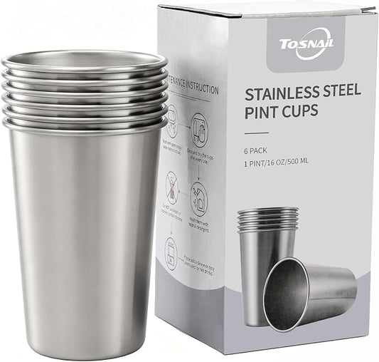Tosnail 6 Pack Stainless Steel Pint Cups, 16 oz Metal Cups Unbreakable Drinking Glasses Water Tumblers for Kids, Adults Indoor and Outdoor Use, Silver