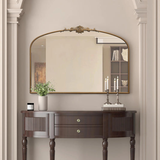 Besdomus Vintage Arched Gold Mirror: 48"x33" French Oversize Gold Antique Vanity Decorative Mirror - Baroque Traditional Ornate for Entryway/Fireplace/Bathroom - Home Decor for Fashion-Conscious