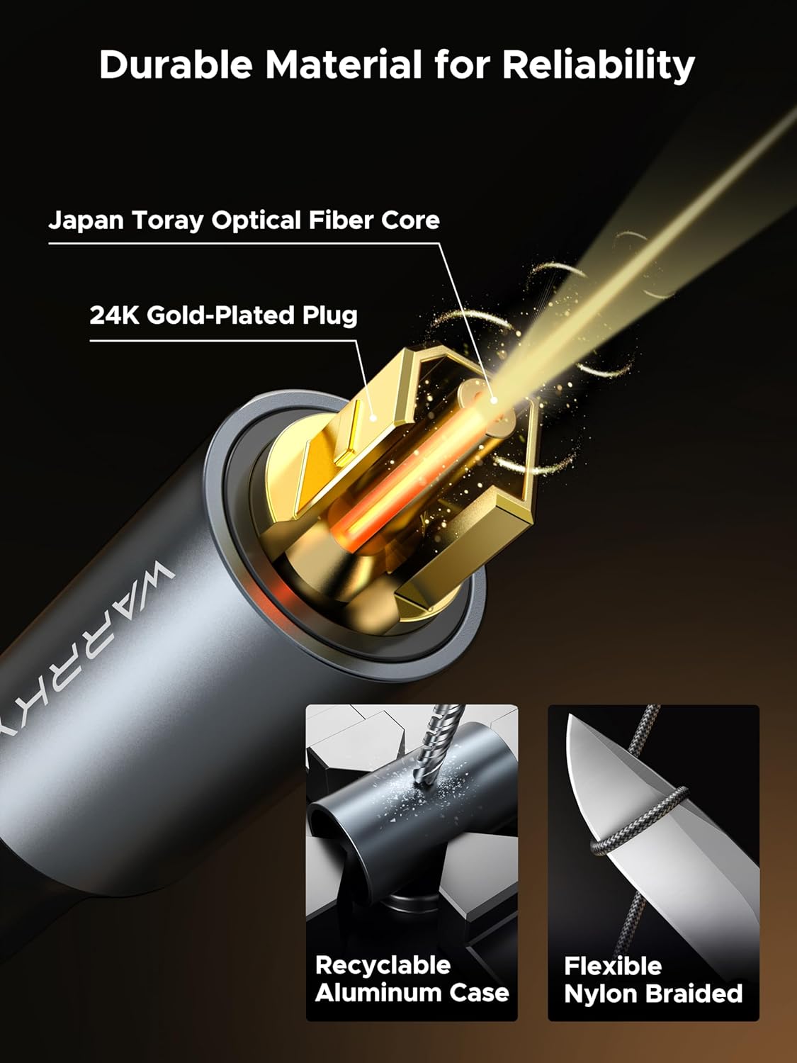 15ft 4.5m Warrky Optical Audio Cable, / Optical Cable for Soundbar [Nylon Braided, Slim Metal Case, Gold-Plated Plug]