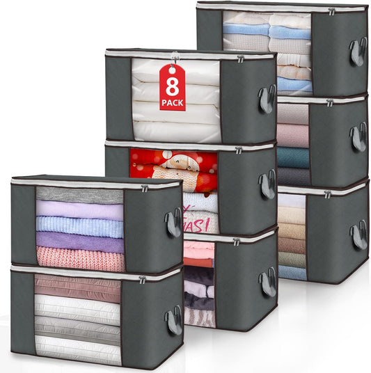 Skiennix Large Storage Bags - 8 Pack Foldable Closet Organizers with Durable Handles | 90L Gray