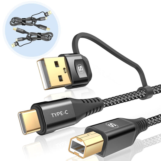 2-in-1 [2-Pack, 6.6FT] USB-A/C to USB-B Printer Cable USB C MIDI Cable Nylon Braid High-Speed Printer Cord for MacBook