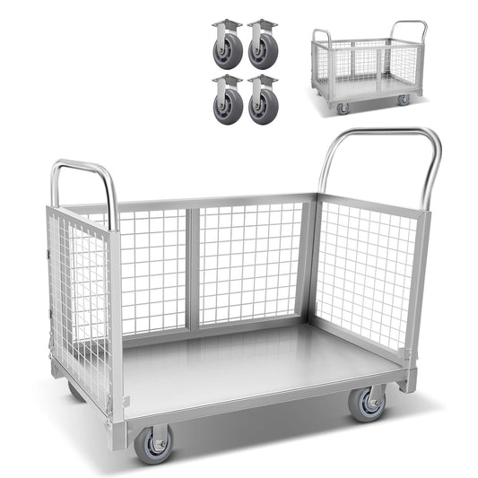 2200LBS Capacity Reinforced Flatbed Truck for Warehouses, Heavy-Duty Platform Truck Cart with Cage, Maneuverable Platform Trucks with 360° Wheels, Versatile Platform Truck for Home & Business.