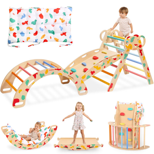 WINGYZ Pikler Triangle Set, Montessori Foldable 8-in-1 Jungle Gym & Reversible Animal Slide, Patent-Protected Climbing Set, Safe 2.35" Gap ASTM F963 Standards for Toddlers 18 Months-7 Years (Rainbow)