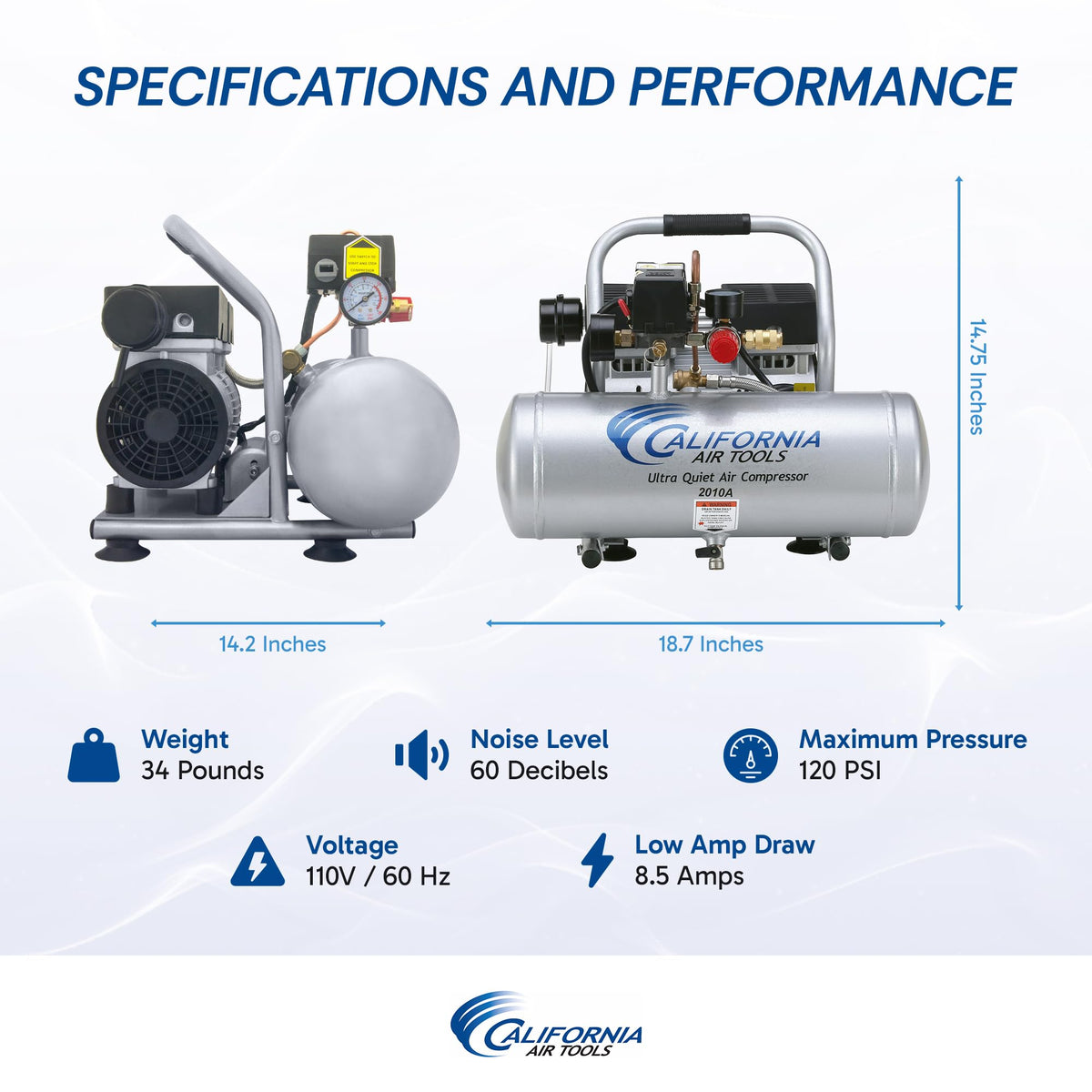 California Air Tools 2010A 1.0 HP Ultra Quiet and Oil-Free Air Compressor, 2 Gallon Aluminum Tank, 60 dBA Noise Level, Silver