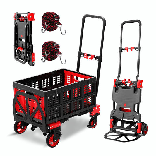 2-in-1 Hand Truck Dolly with Folding Basket, 330LB Heavy Duty Carrying Portable Handtruck, Foldable Hand Dolly with 360° Swivel Wheels&Retractable Handle for Moving, Luggage, Shopping, Office
